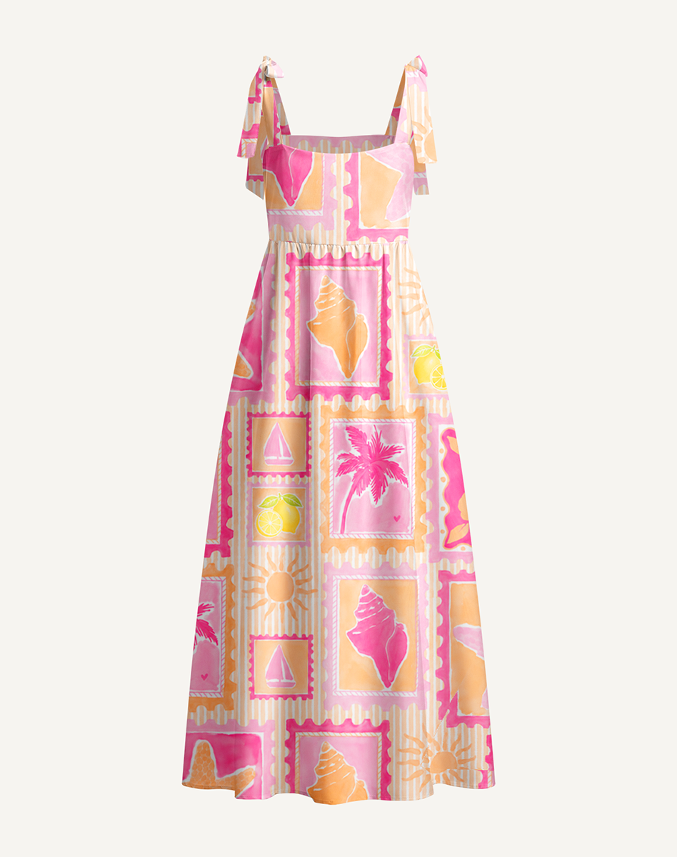 Coral Beach Postcard Bow Strap Maxi Dress