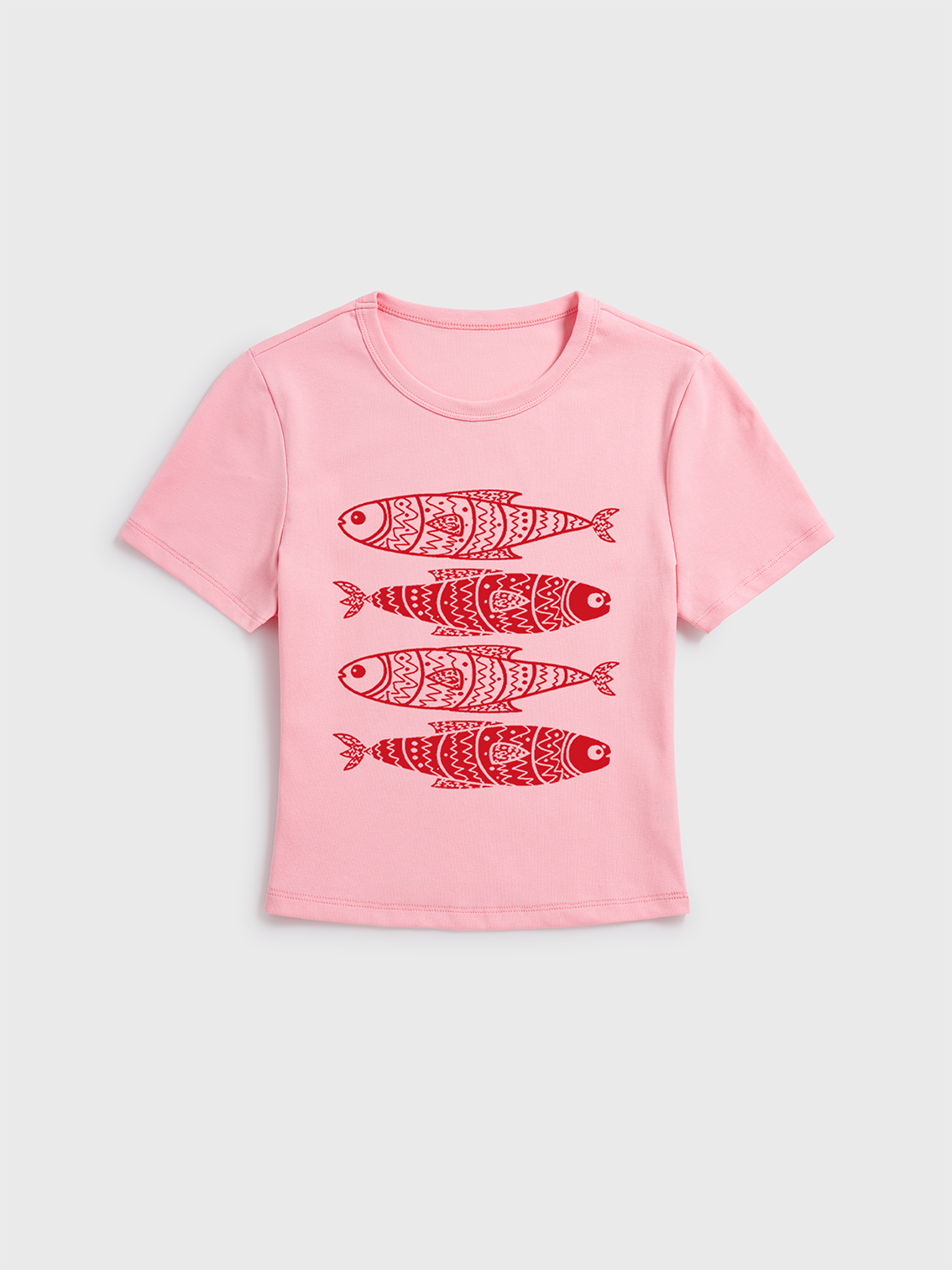Stacked Sardine Fish Print Crew Neck Cotton Tee