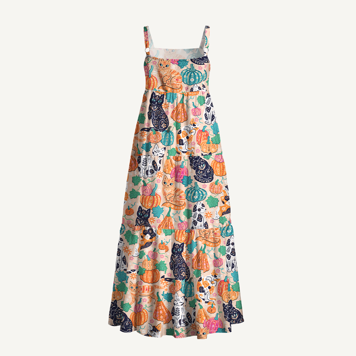 Autumn Black Cat & Pumpkin Floral Strap Maxi Dress With Pockets