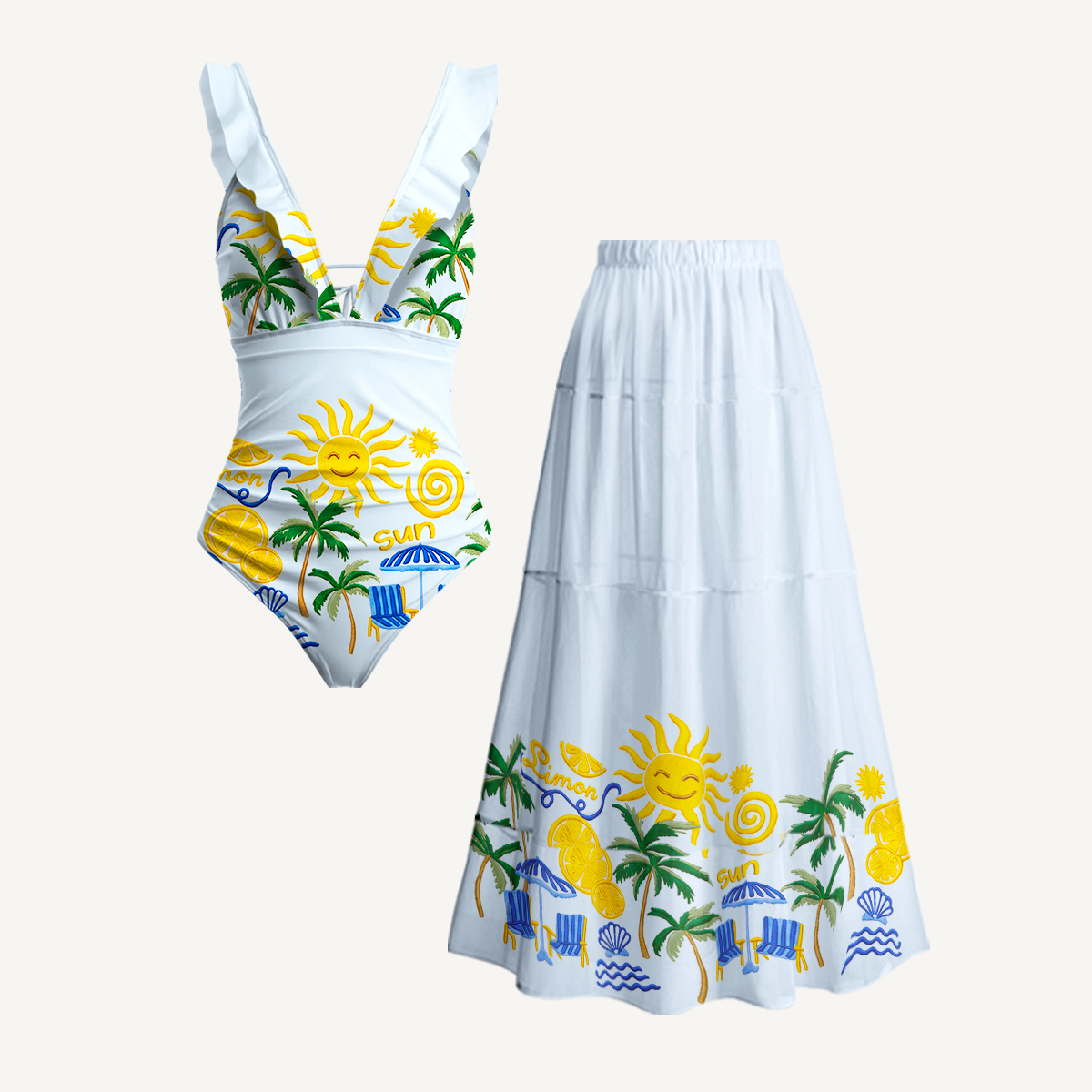 Lemon & Palm Beach Ruffled V Neck One Piece Swimsuit and Matching Midi Skirt Set