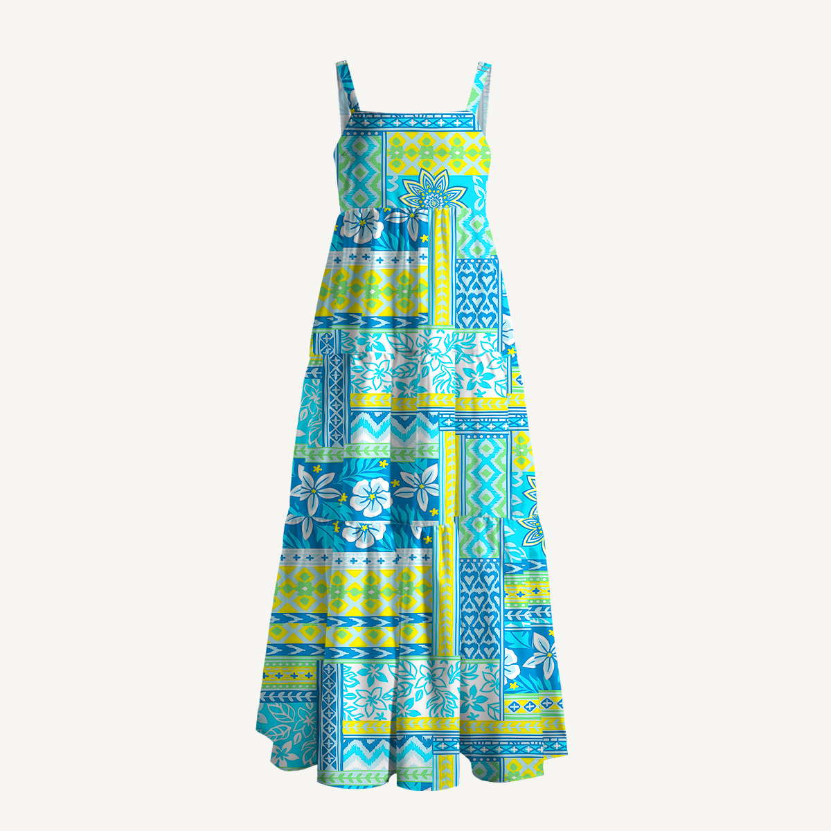 Azure Tropic Patchwork Soft Summer Maxi Dress With Pockets