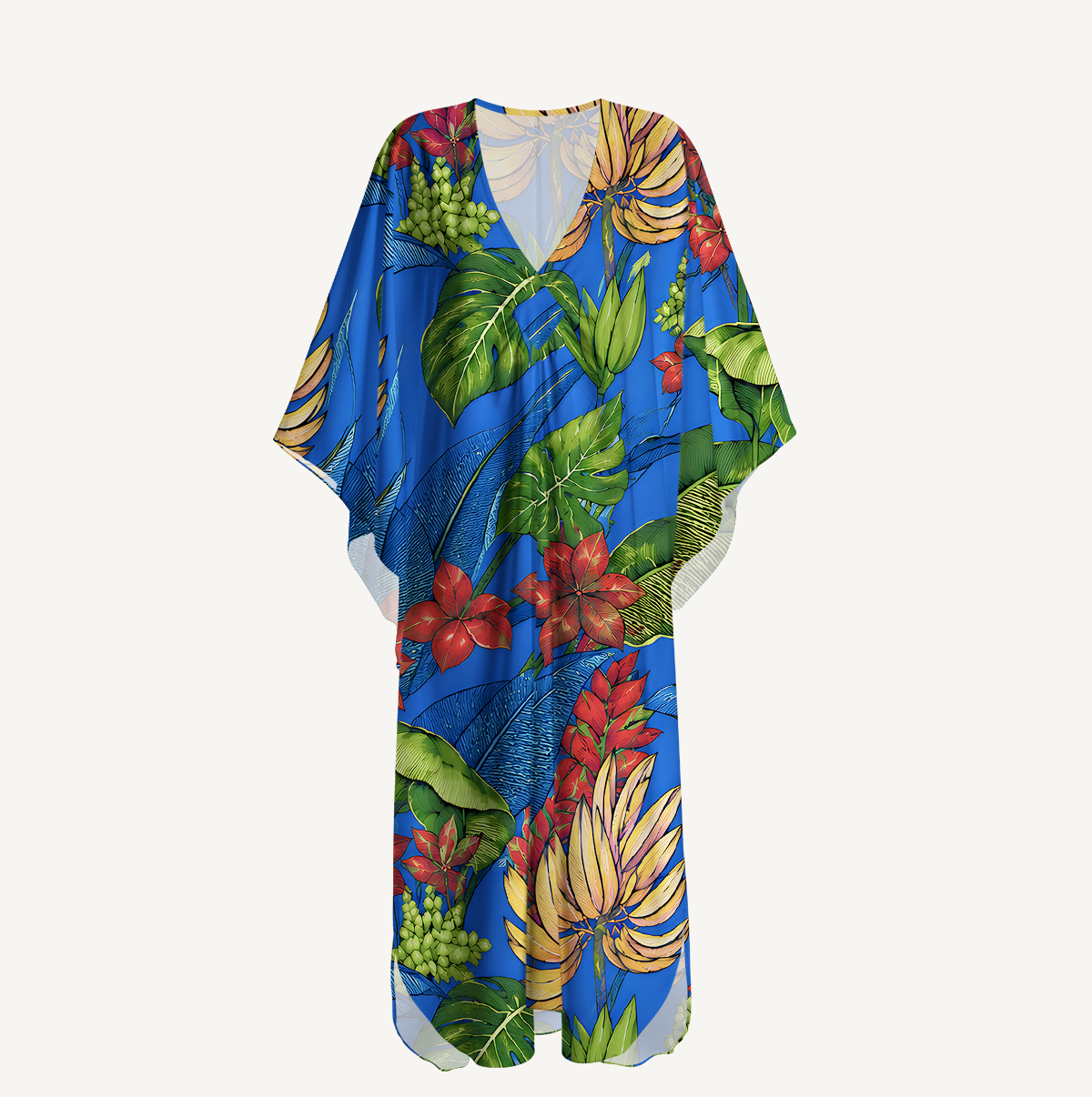 Tropical Bananas & Flowers on Blue Kimono Sleeve Kaftan Dress