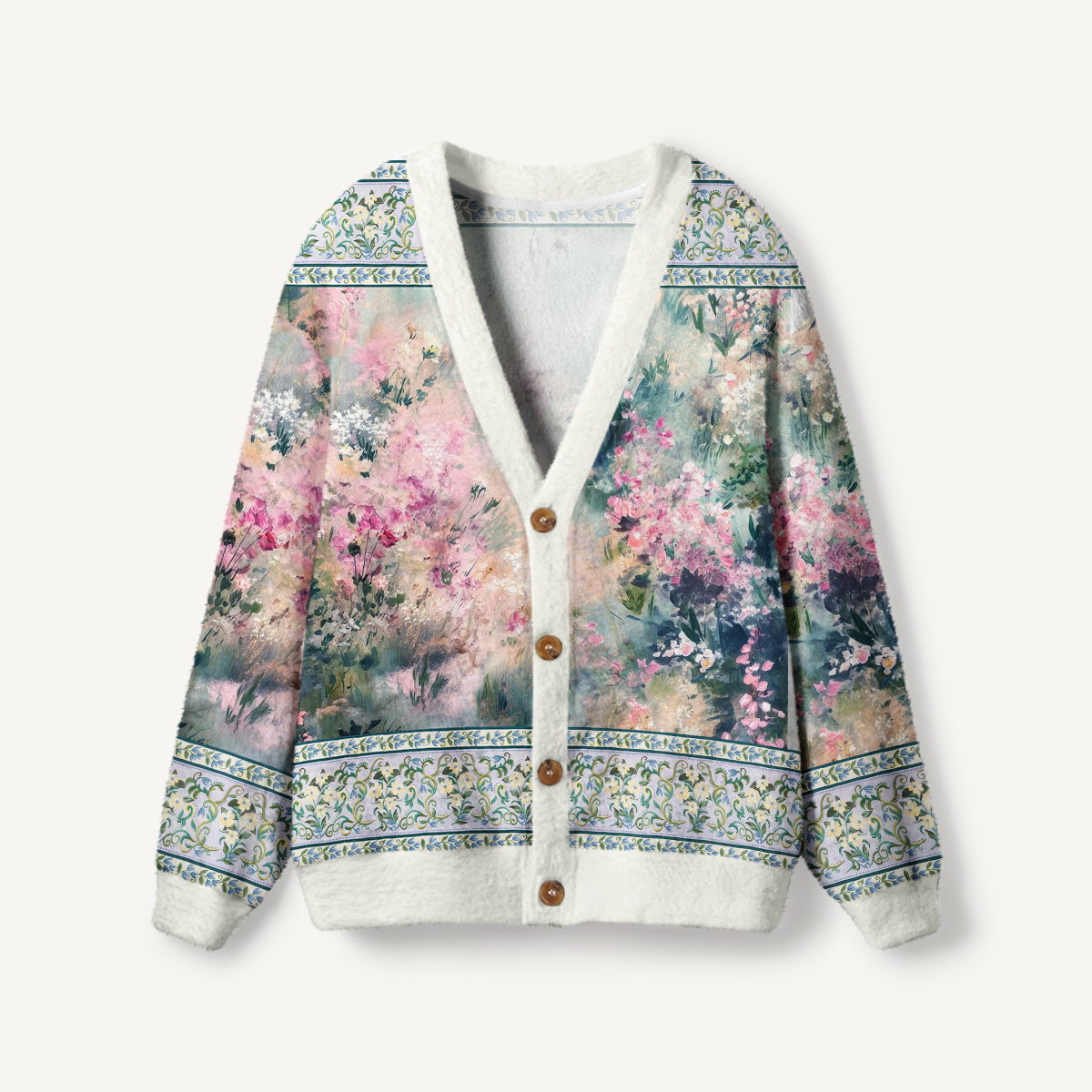 Watercolor Floral Garden Landscape Boho Buttons Women Cardigan Sweaters