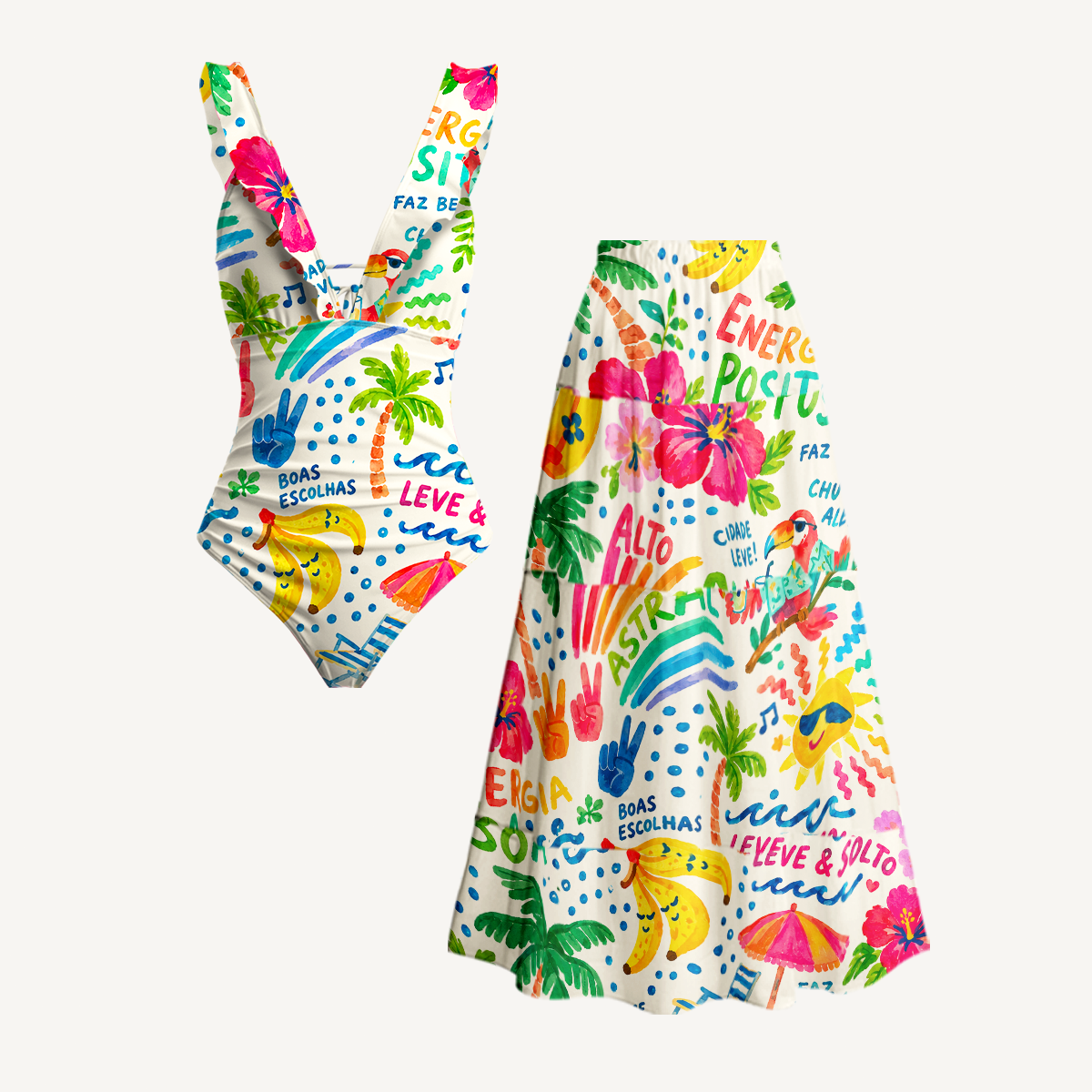 Rainbow Escape Ruffled V Neck One Piece Swimsuit and Matching Midi Skirt Set