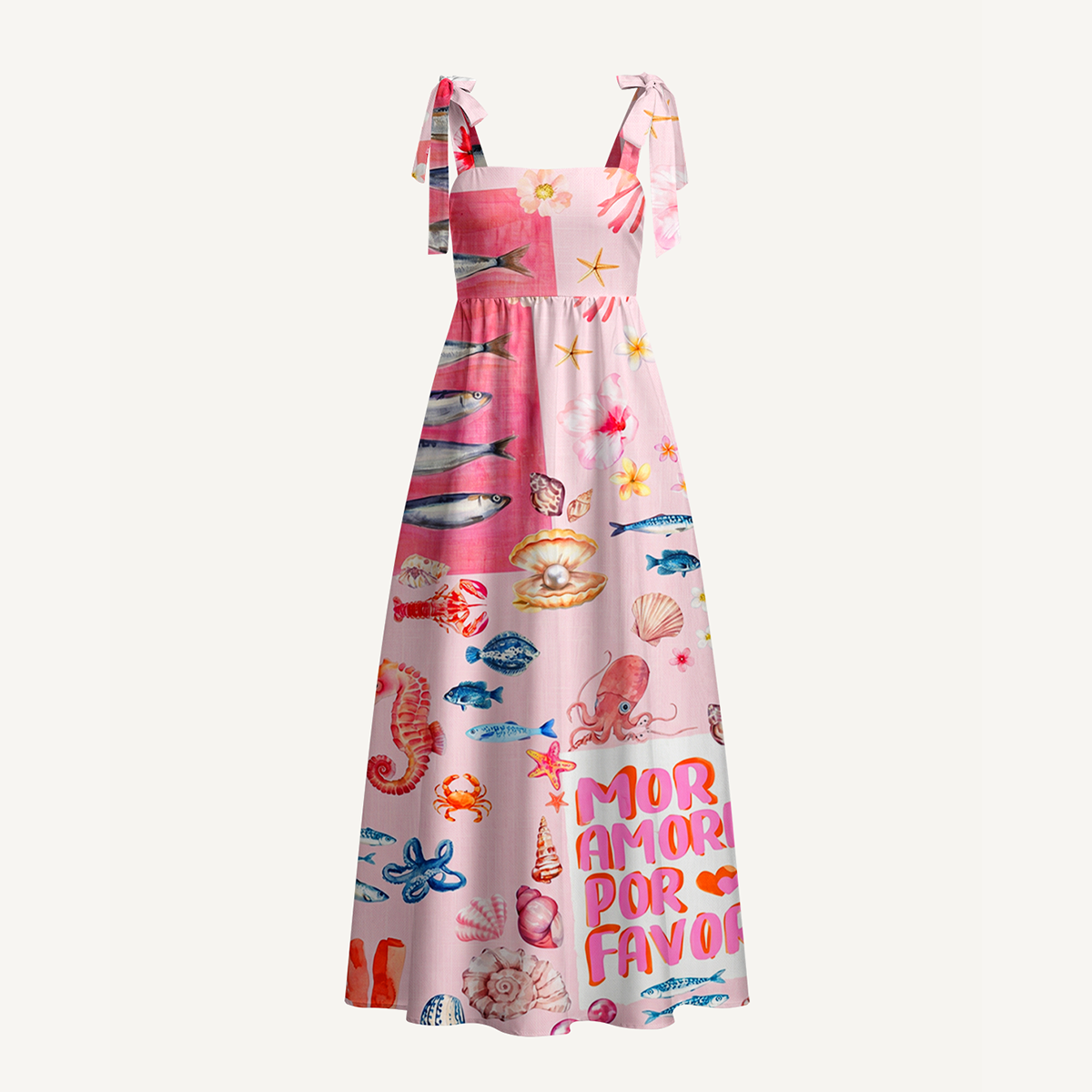 Pink Ocean Life Bow Strap Maxi Dress