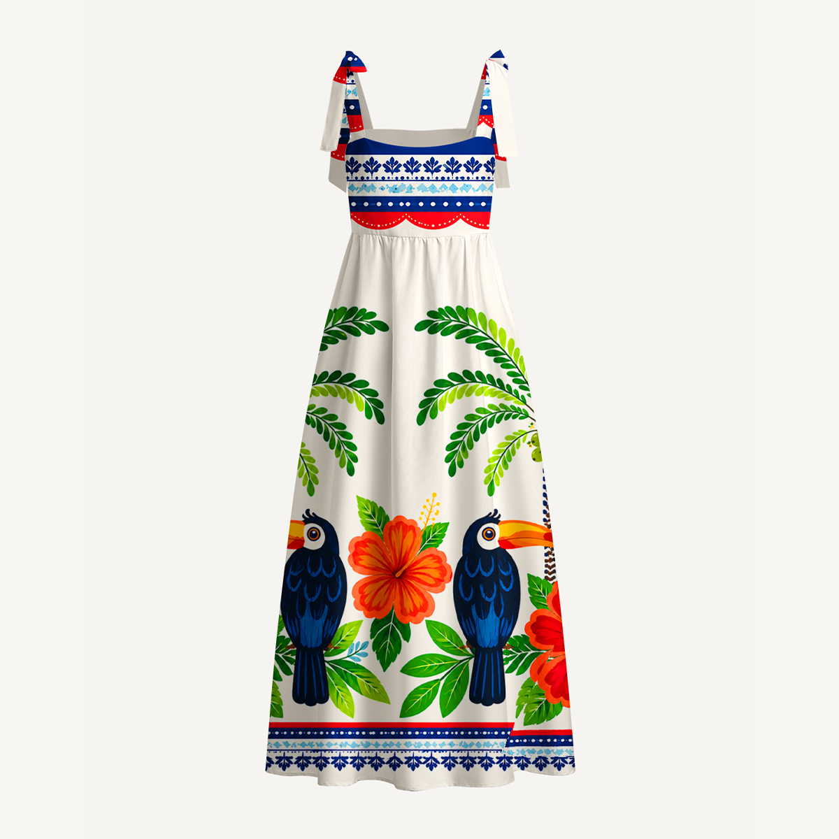 Vibrant Tropical Toucan Bow Strap Maxi Dress