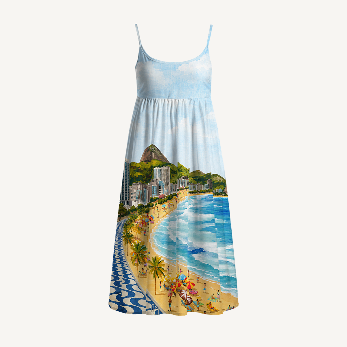 Rio Beach Scene Print Spaghetti Strap Mini Dress