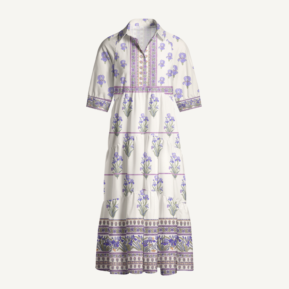 Purple Iris Botanical Border Elbow-Length Sleeve Midi Dress