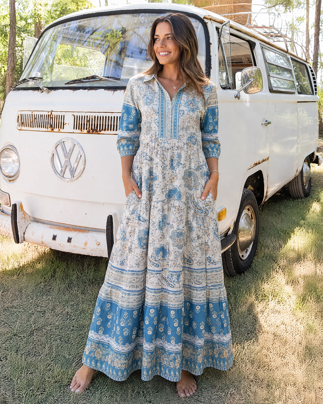 Blue Vintage Floral Border Elbow-Length Sleeve Maxi Dress
