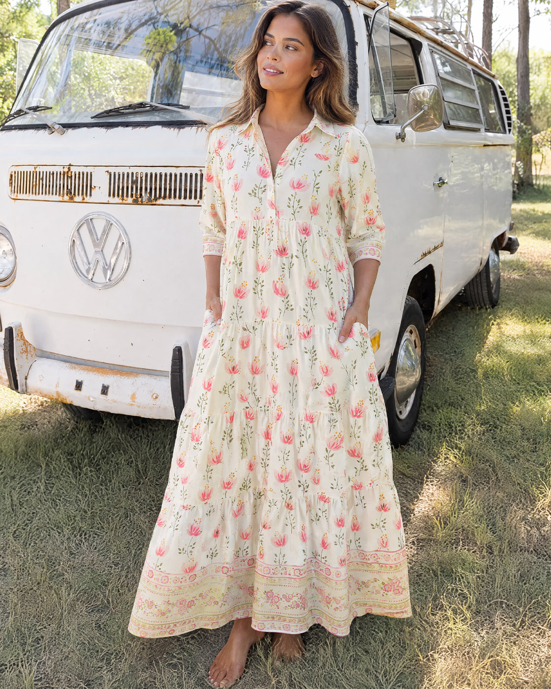 Pink Floral Border Elbow-Length Sleeve Midi Dress