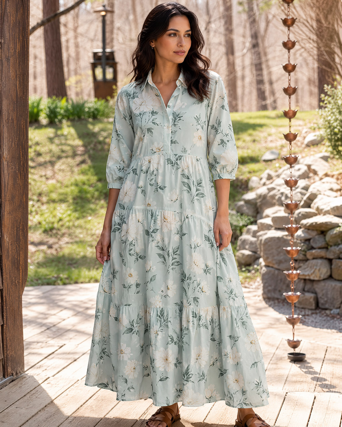 Peonies And Dogwoods Elbow-Length Sleeve Midi Dress