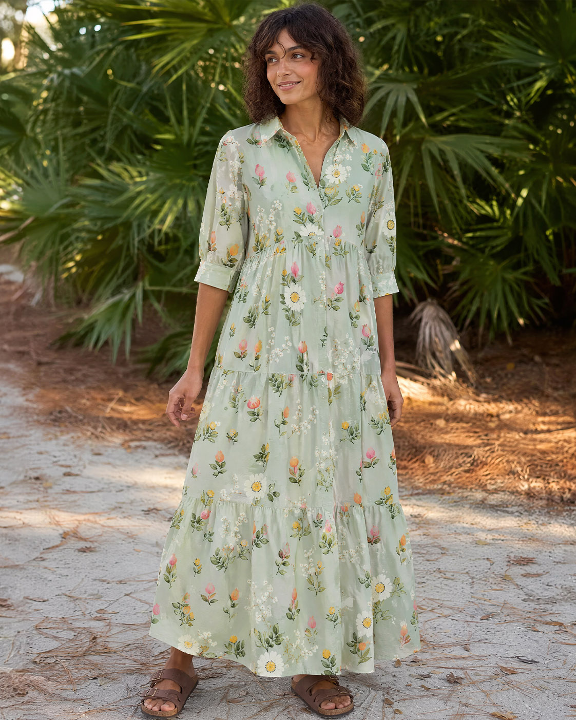 Sage Floral Meadow Elbow-Length Sleeve Midi Dress