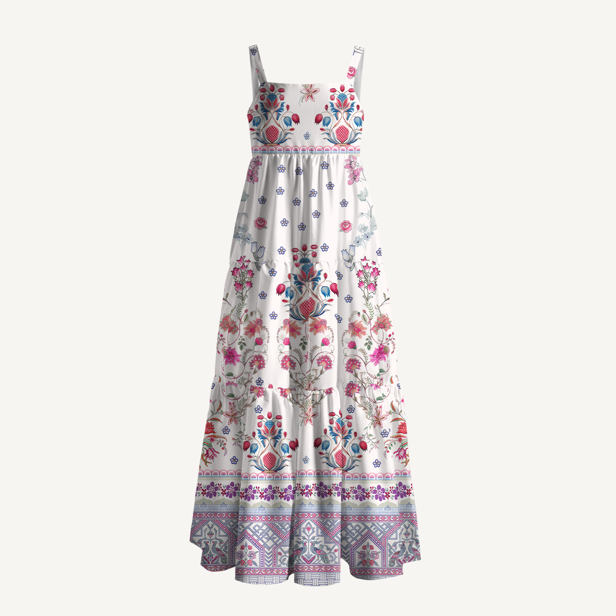 Boho Symmetric Floral Bouquet Border Pattern Strap Maxi Dress With Pockets