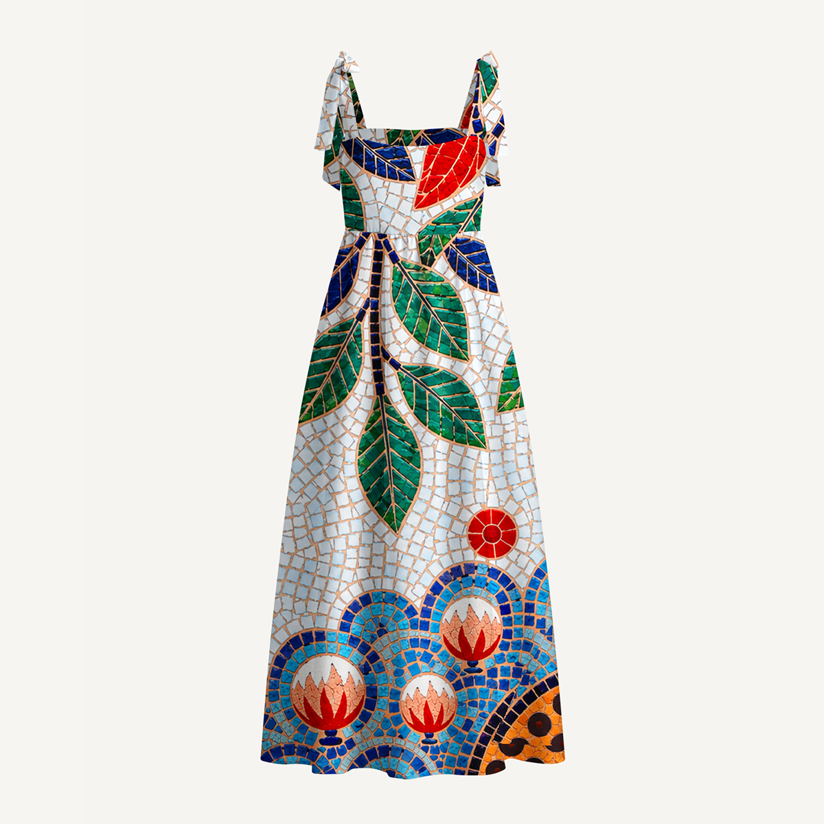 Gaudi Mosaic Red Bird Floral Bow Strap Maxi Dress