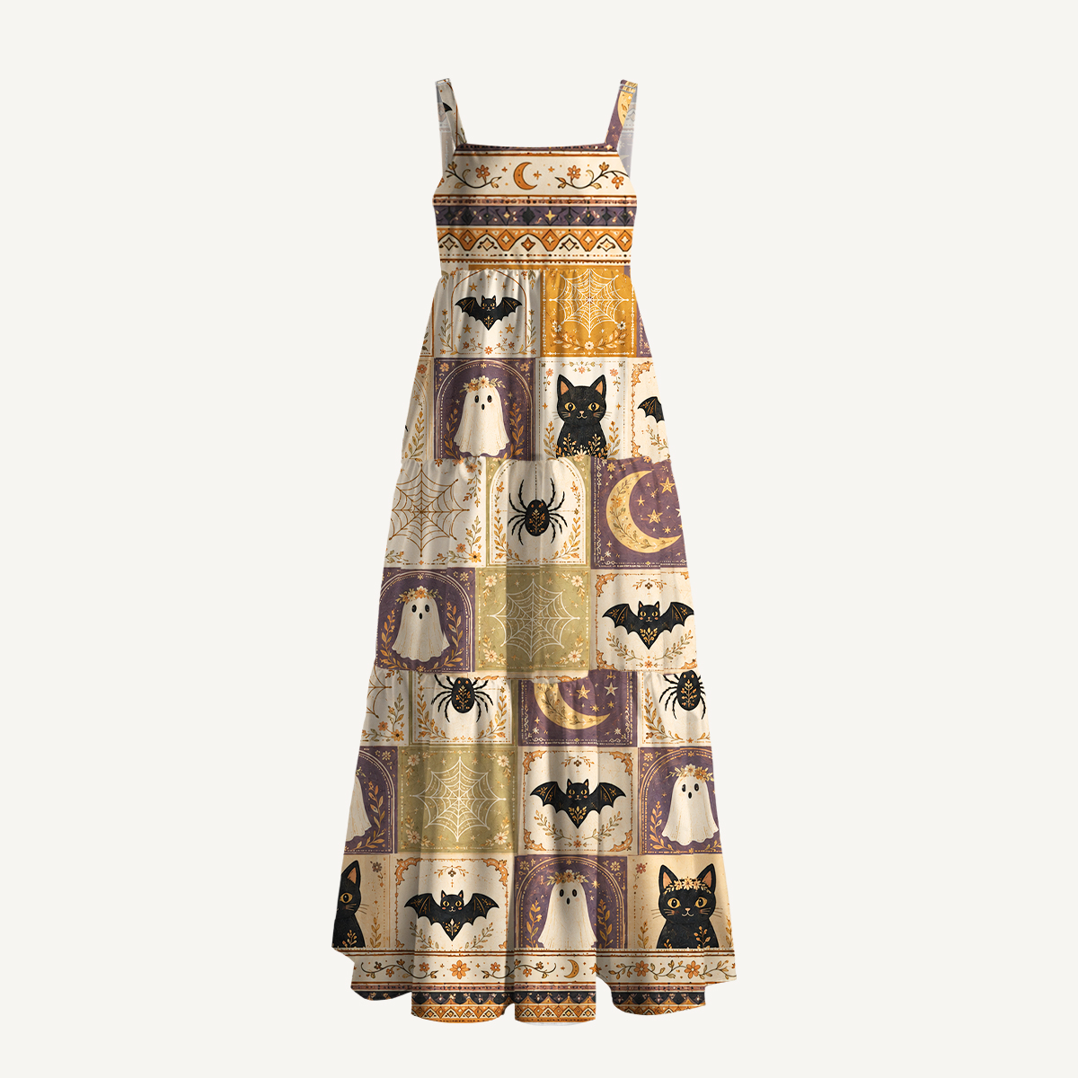 Halloween Cat & Pumpkin Patchwork Print Strap Maxi Dress With Pockets