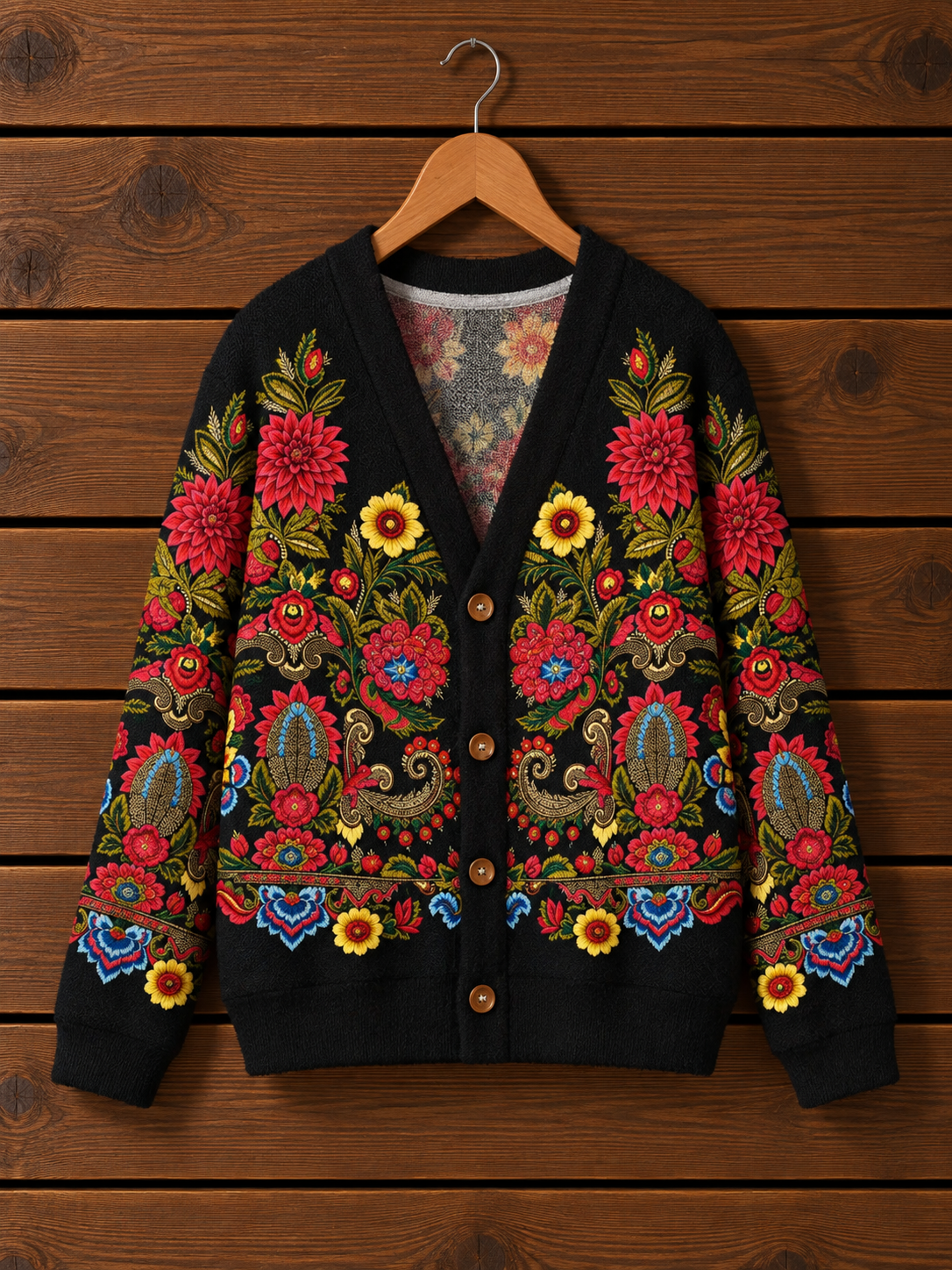 Ornate Folk Floral Border Cardigan Sweaters