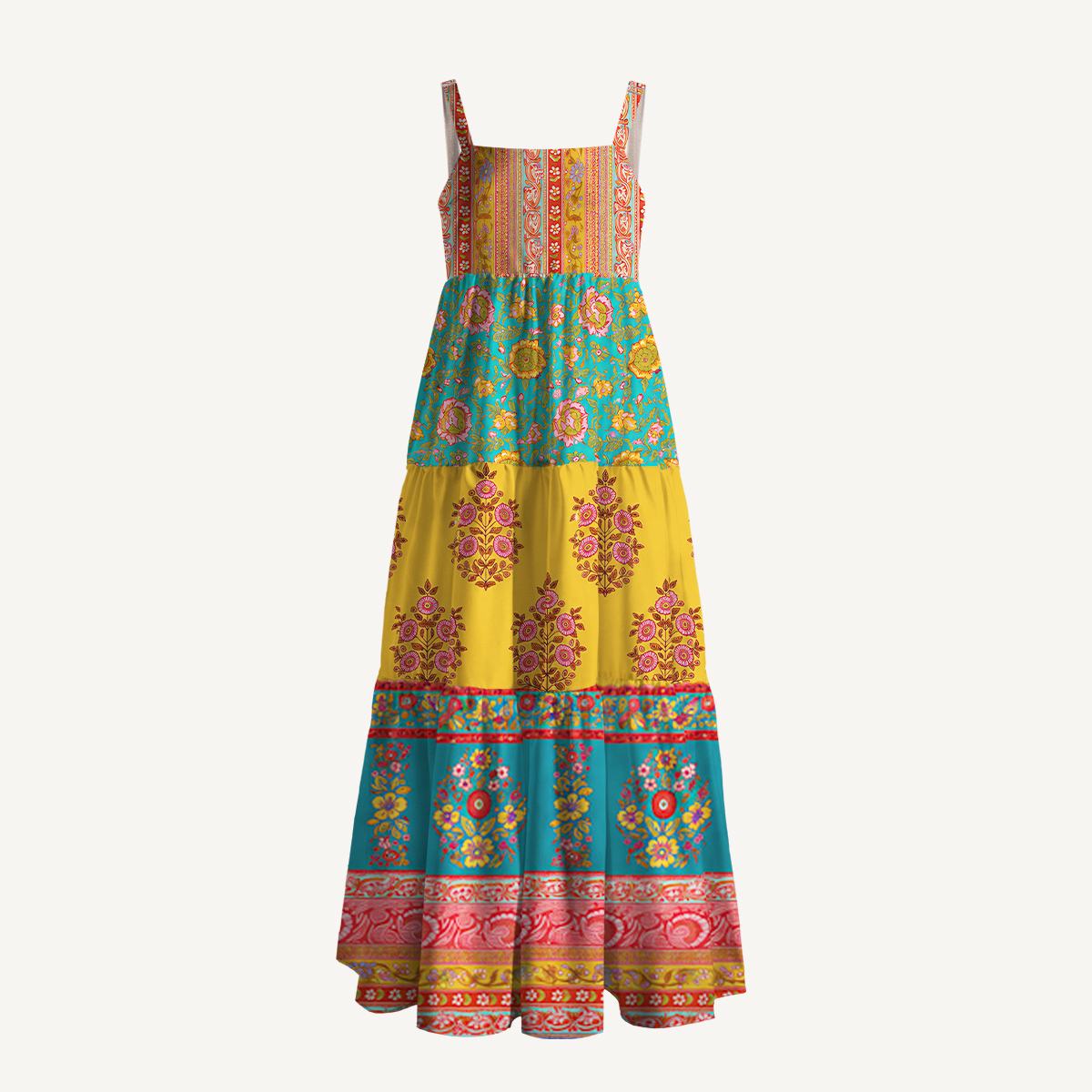Boho Floral Patchwork Strap Maxi Dress With Pockets