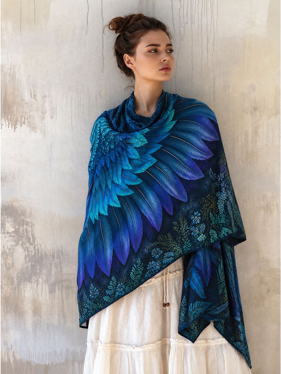 Enchanted Midnight Blue Feather Wing Shawl