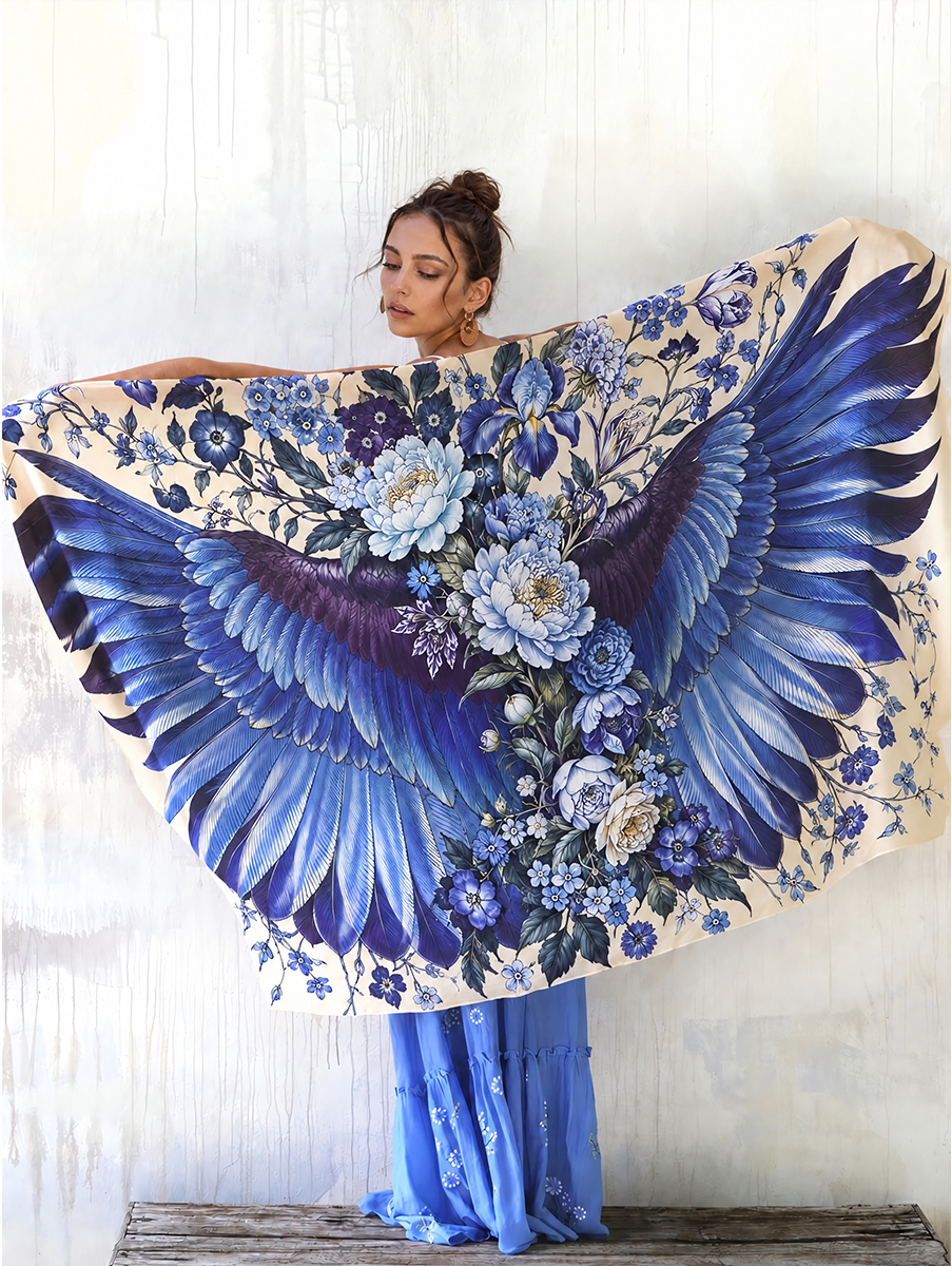 Romantic Blue Floral Wing Shawl