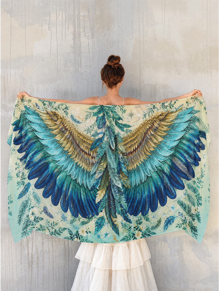 Bohemian Teal Feather Wing Shawl