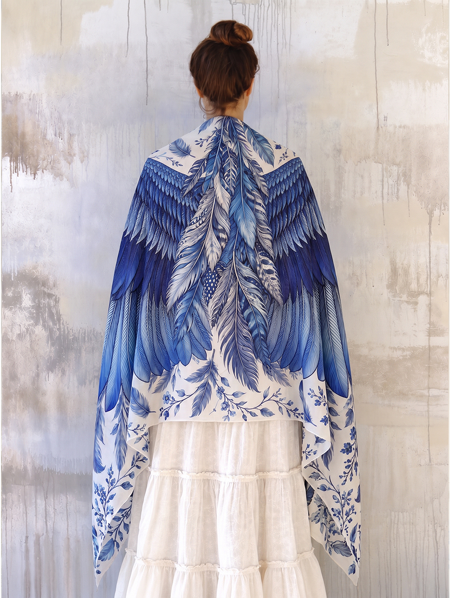 Vintage Blue Floral Feather Wing Shawl