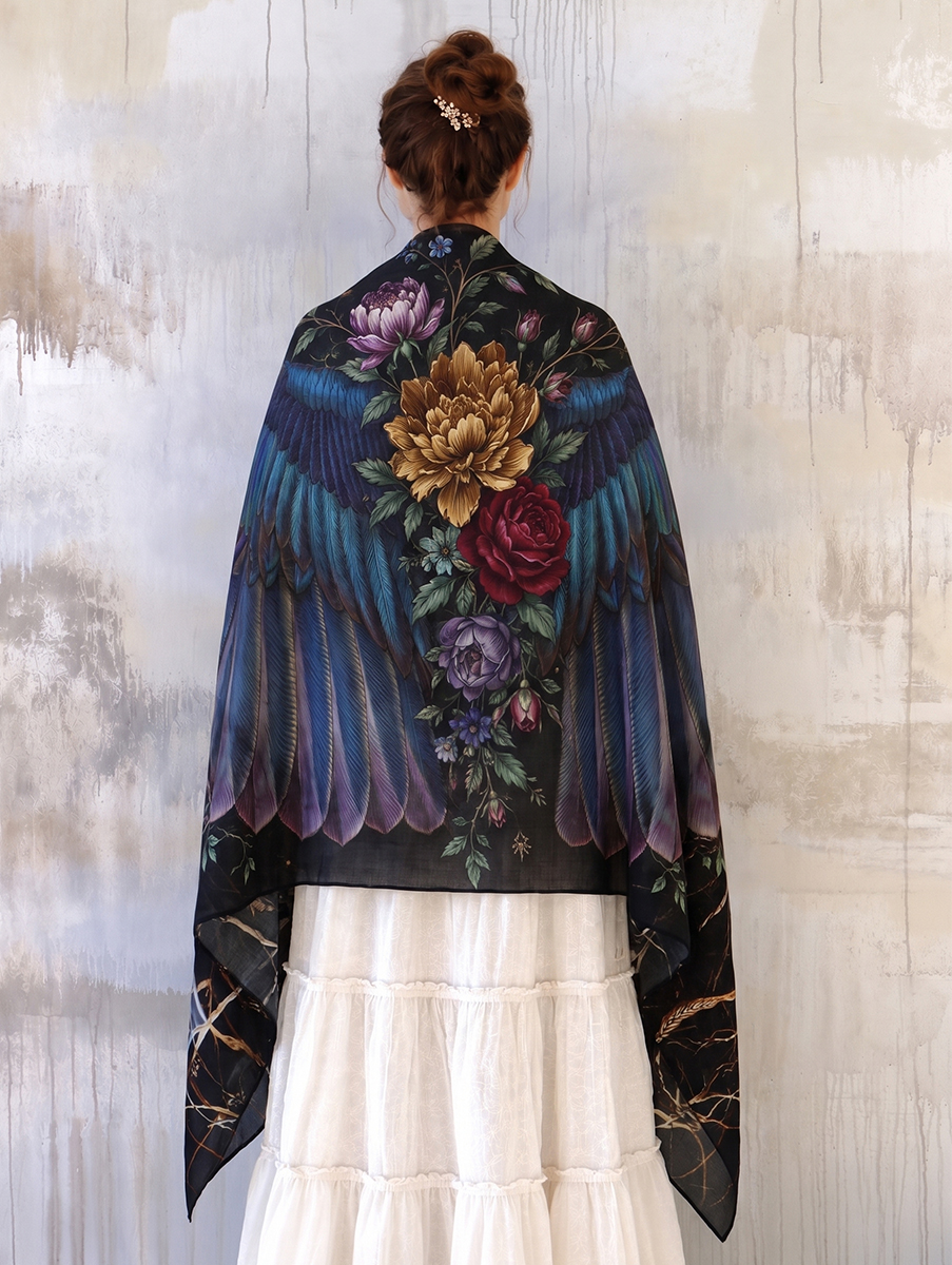 Gothic Floral Blue Feather Wings Shawl