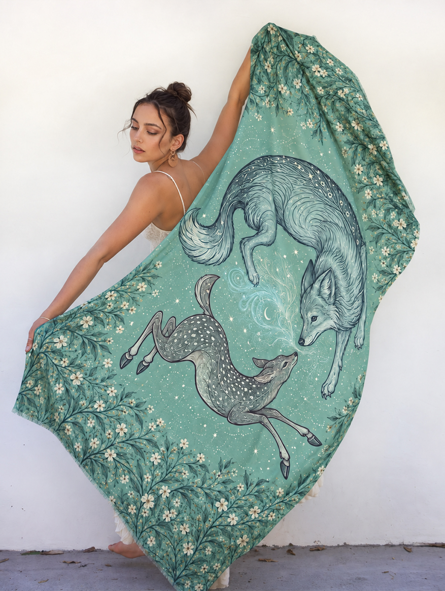 Mystic Woodland Fox & Deer Shawl