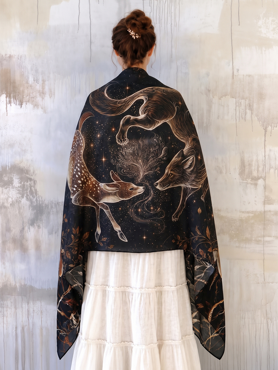 Celestial Woodland Fox & Deer Shawl