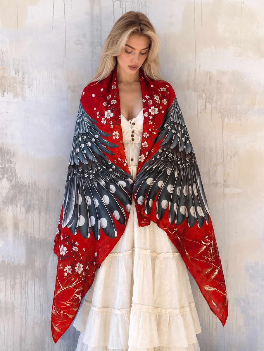 Red Blossom Feathered Bird Shawl