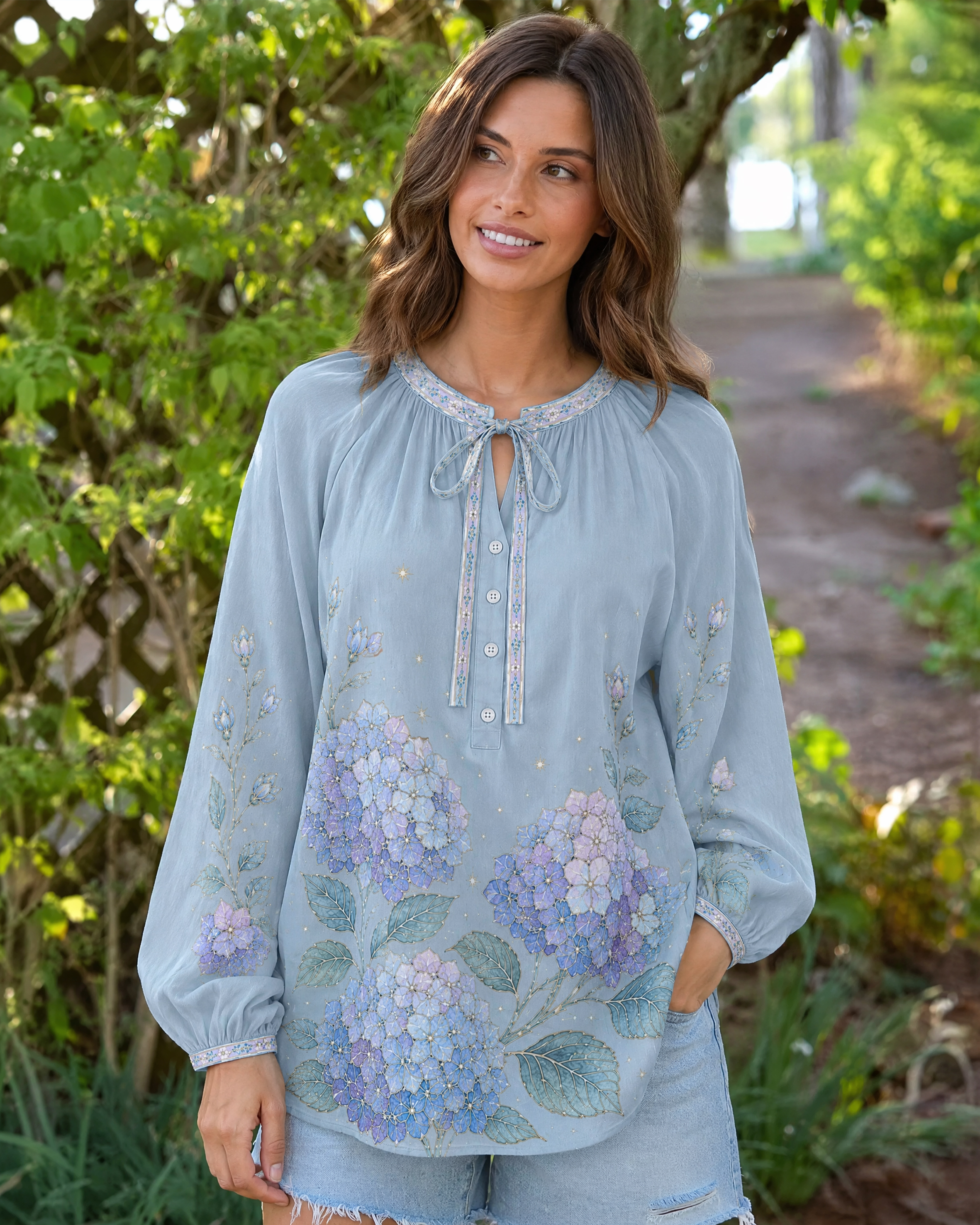 Hydrangea Floral Boho Long Sleeve Tie‑Neck Blouse