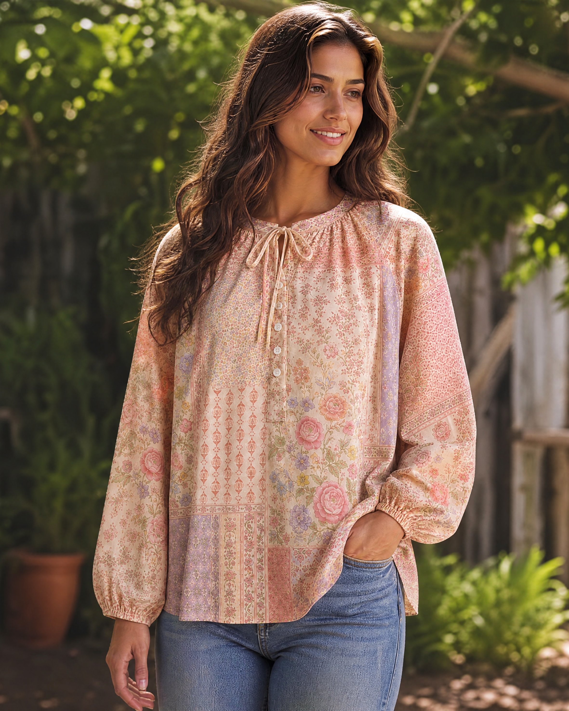 Vintage Rose Patchwork Floral Boho Long Sleeve Tie‑Neck Blouse