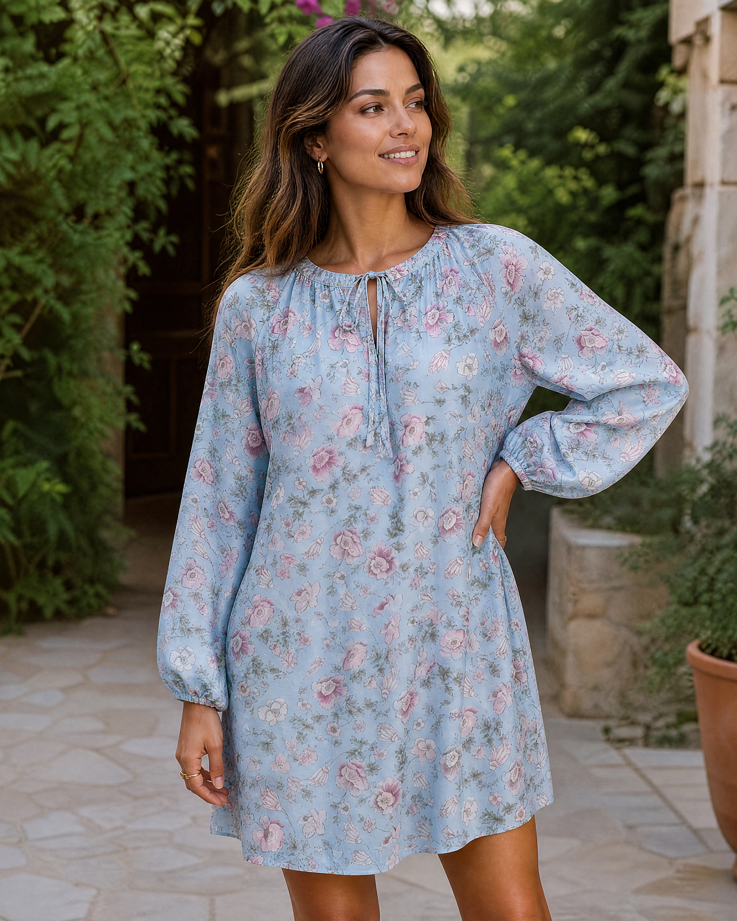 Blue Cherry Blossom Floral Tie‑Neck Long Sleeve Mini Dress