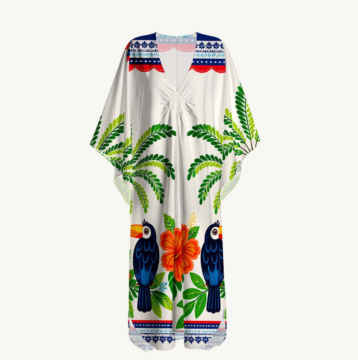 Vibrant Tropical Toucan Kimono Sleeve Kaftan Dress
