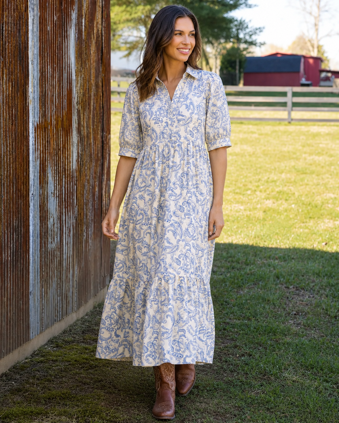 Blue Vintage Paisley Elbow-Length Sleeve Midi Dress With Pockets