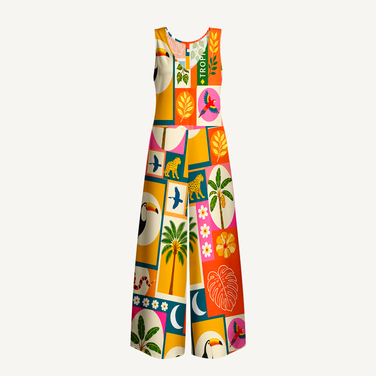 Tropical Patchwork Jumpsuit with Pockets for Women