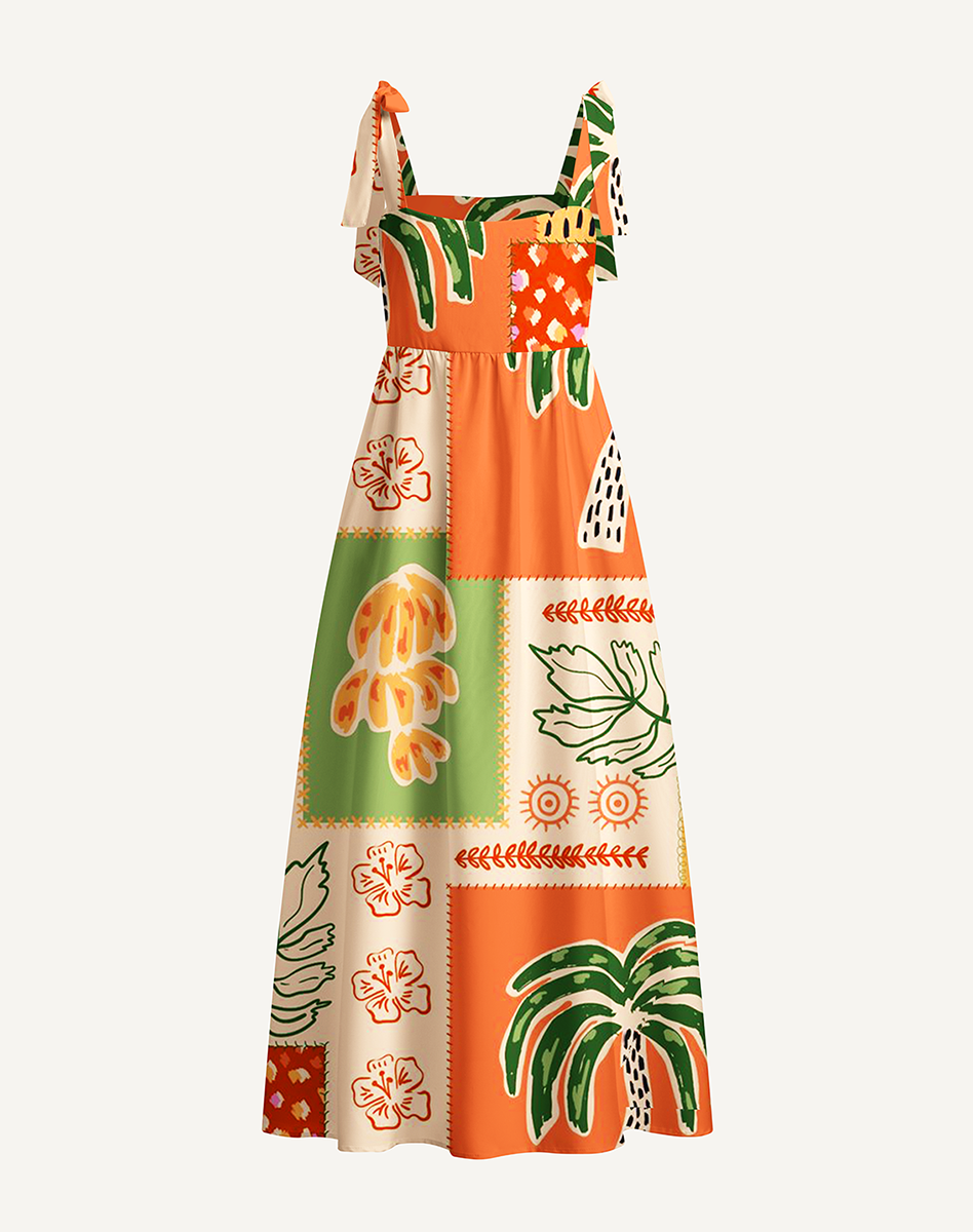 Boho Palm & Hibiscus Print Bow Strap Maxi Dress