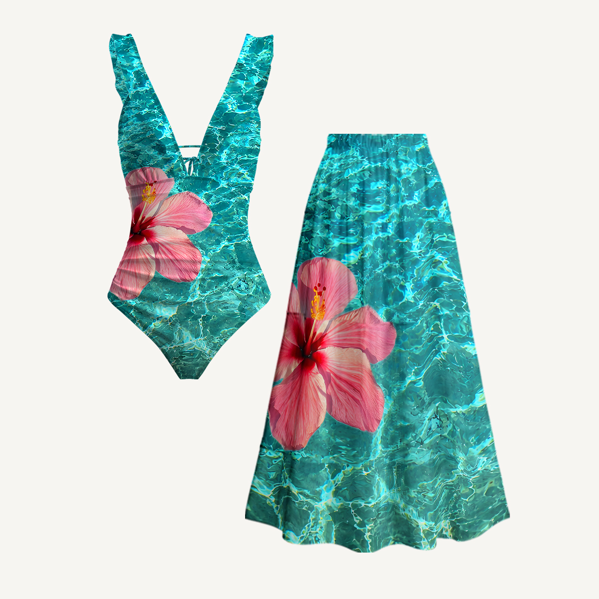 Hibiscus On The Sea Print Ruffled V Neck One Piece Swimsuit and Matching Midi Skirt Set