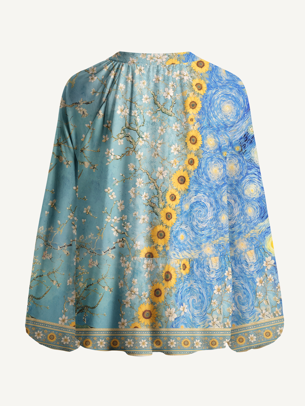 Van Gogh Almond Blossom Starry Night Sunflowers Long Sleeve Tie‑Neck Blouse
