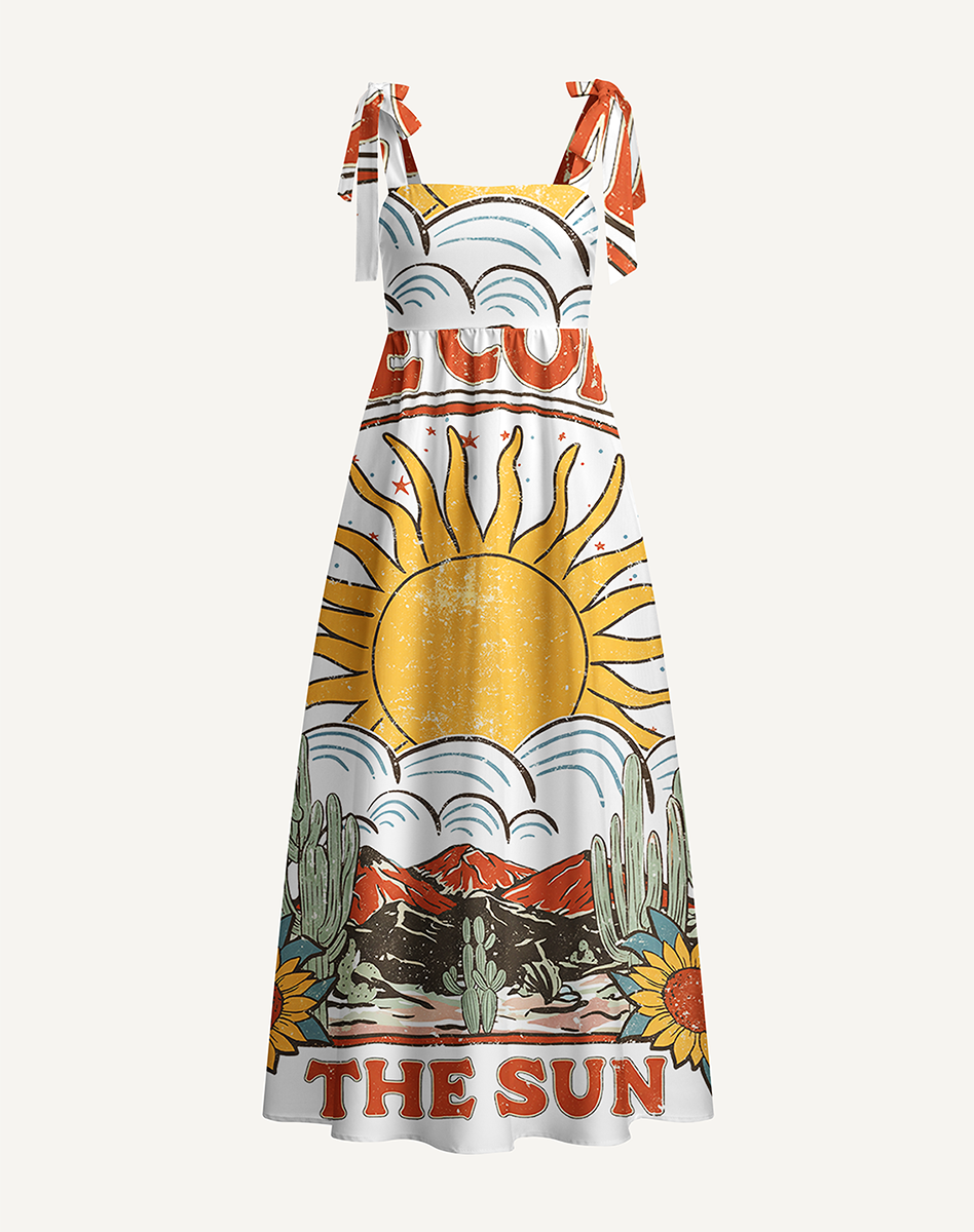 Western Sun & Cact Bow Strap Maxi Dress