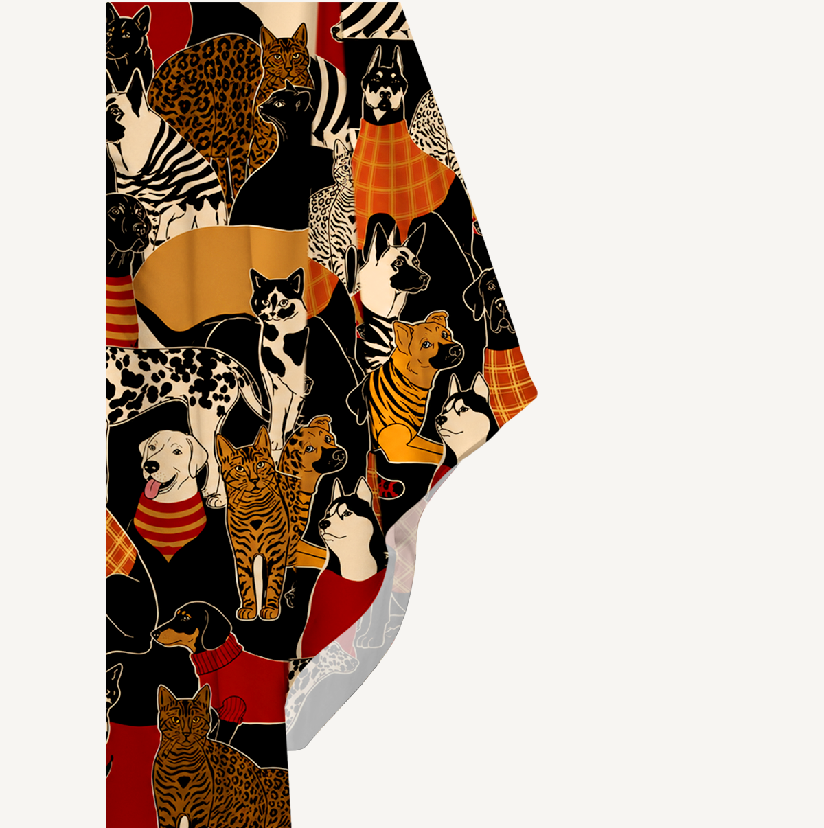 Patterned Cats & Dogs Kimono Sleeve Kaftan Dress