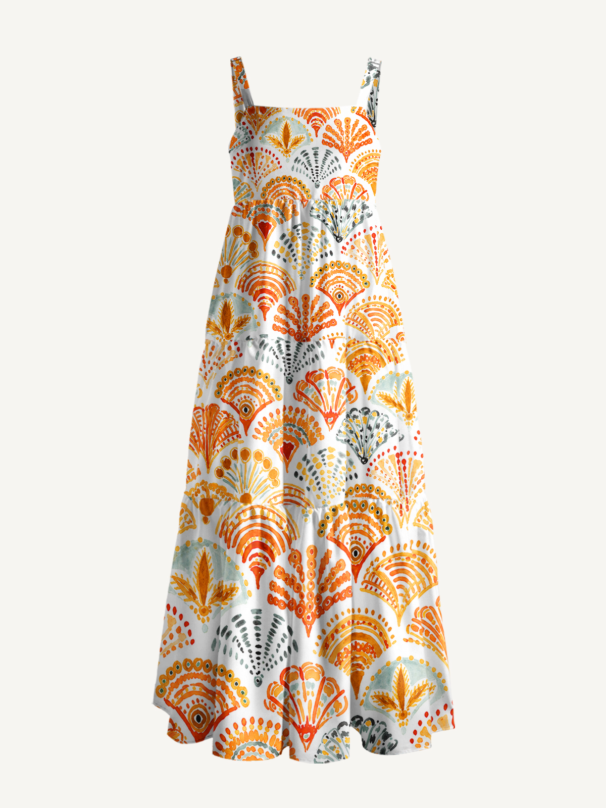 Warm Watercolor Scallop Tile Strap Maxi Dress With Pockets