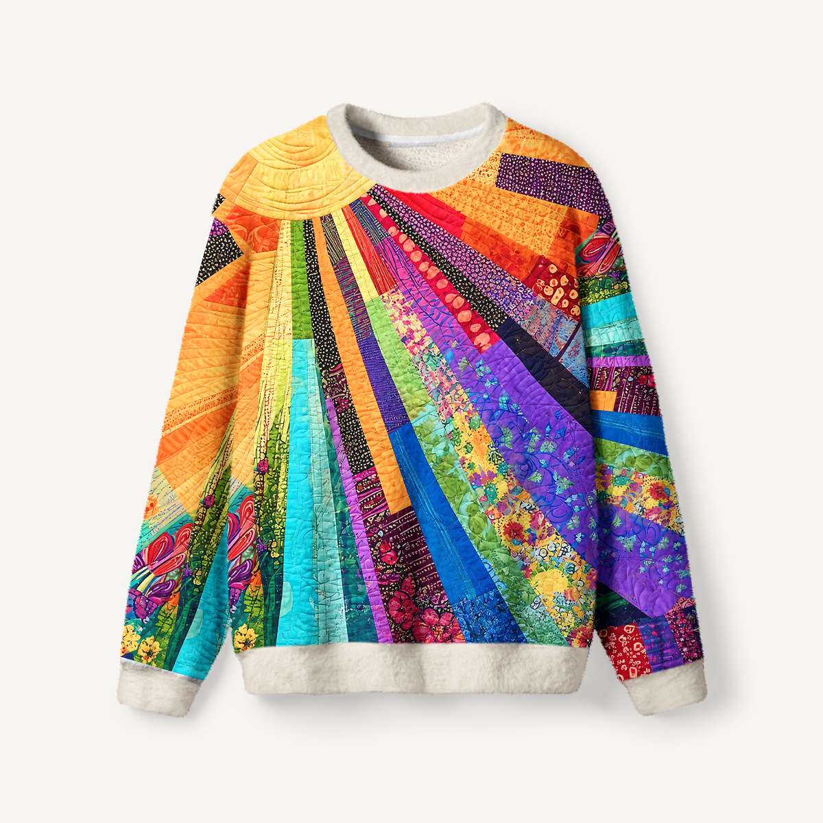 Rainbow Sunburst Patchwork Print Crewneck Sweater