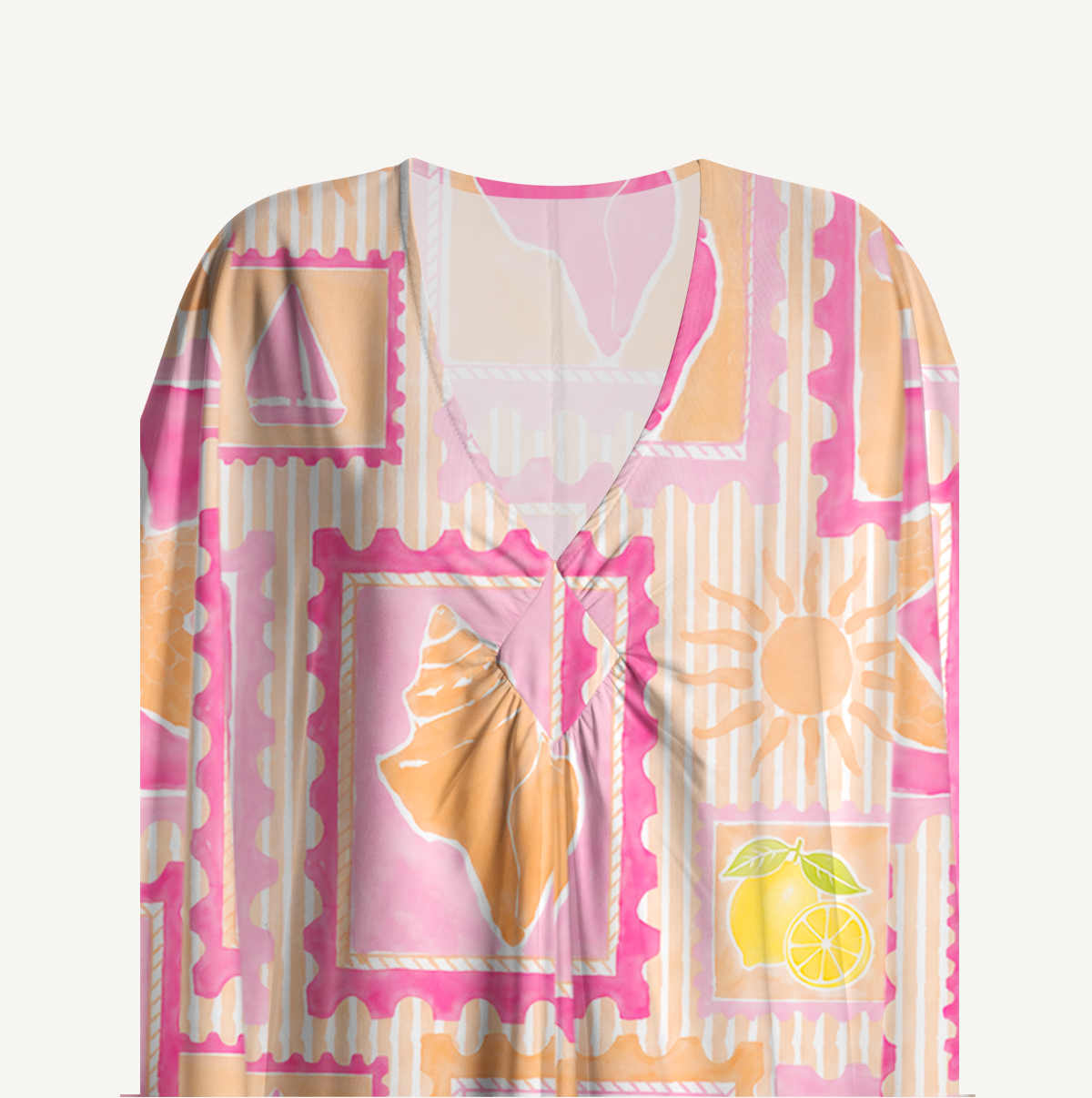 Coral Beach Postcard Print Kimono Sleeve Kaftan Dress