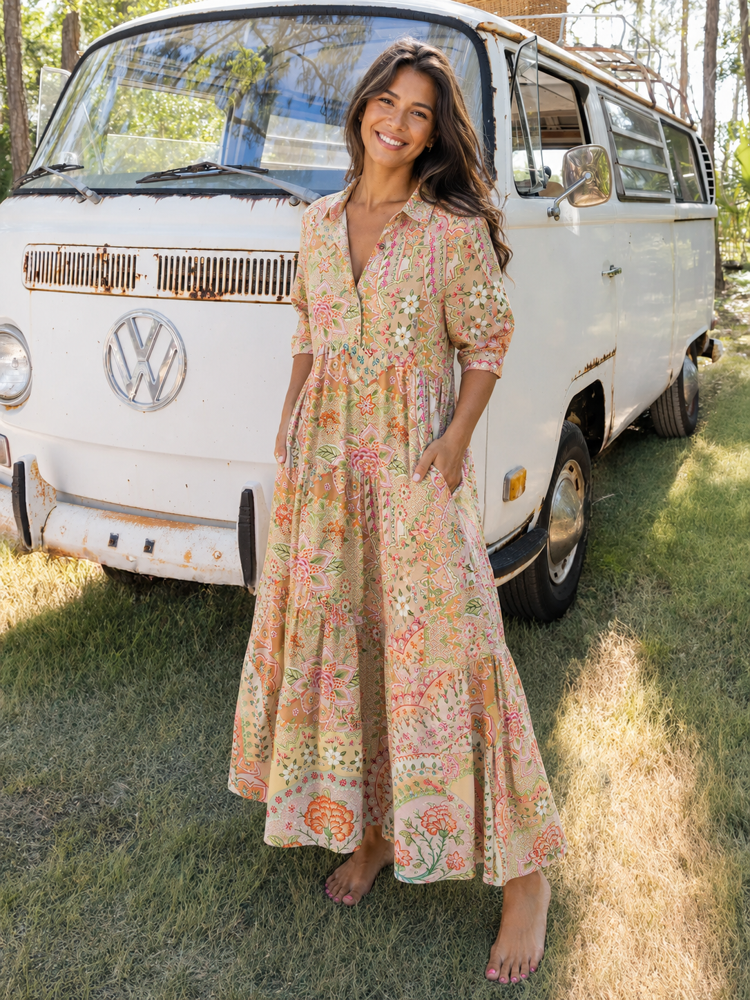 Patchwork Mandala Floral Elbow-Length Sleeve Midi Dress With Pockets