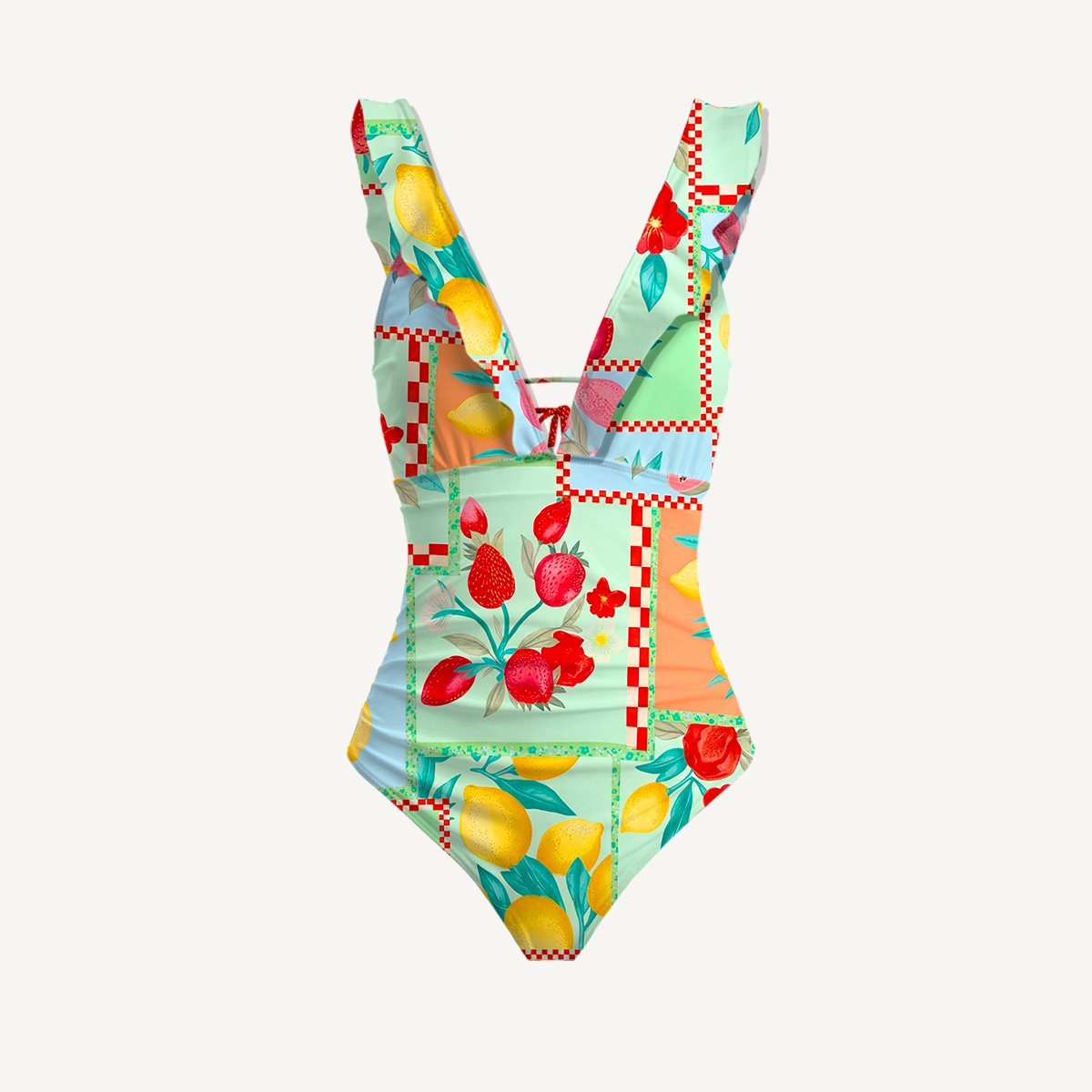 Fruit Party Vacation Ruffled V Neck One Piece Swimsuit and Matching Midi Skirt Set