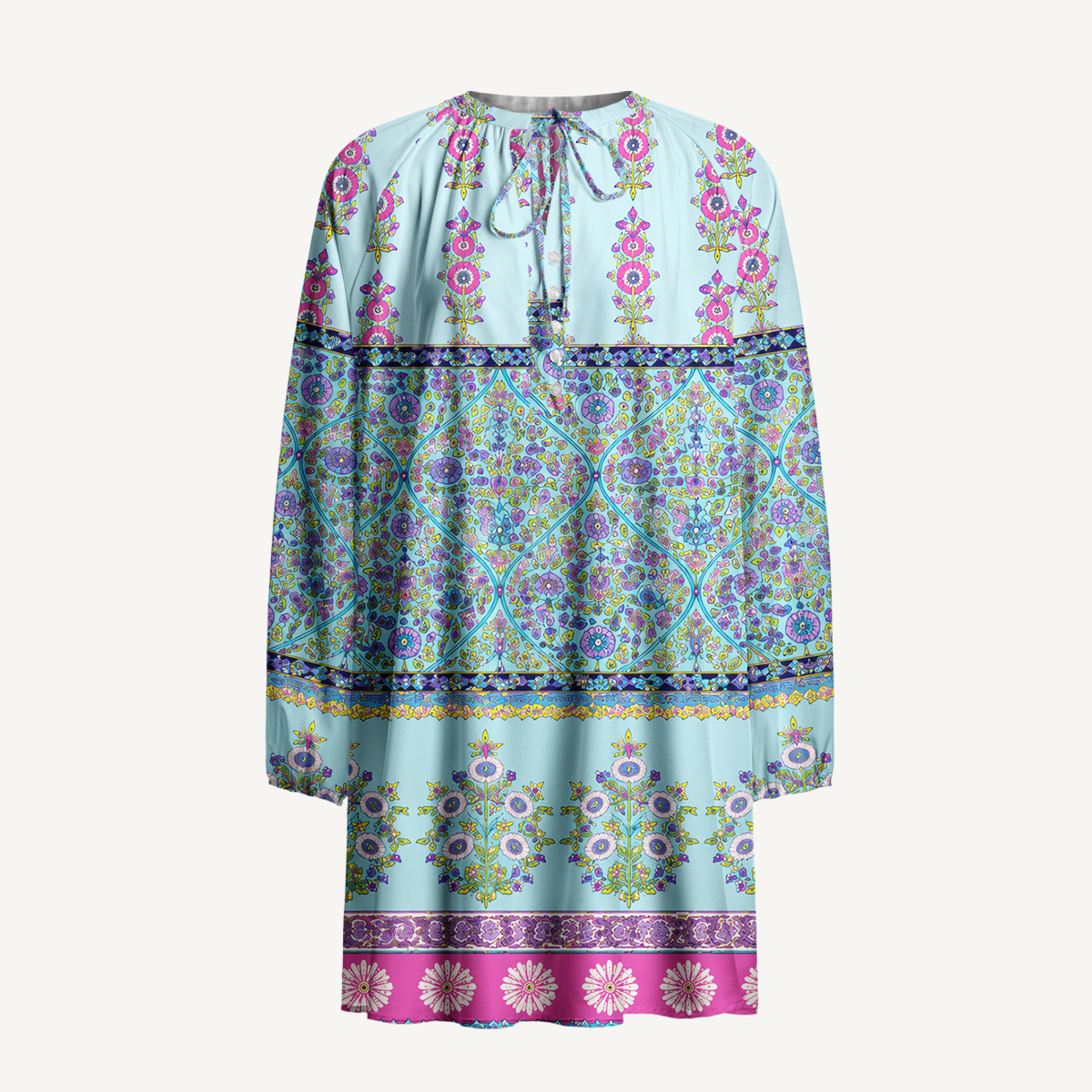 Turquoise Palace Blooms Tie‑Neck Long Sleeve Mini Dress