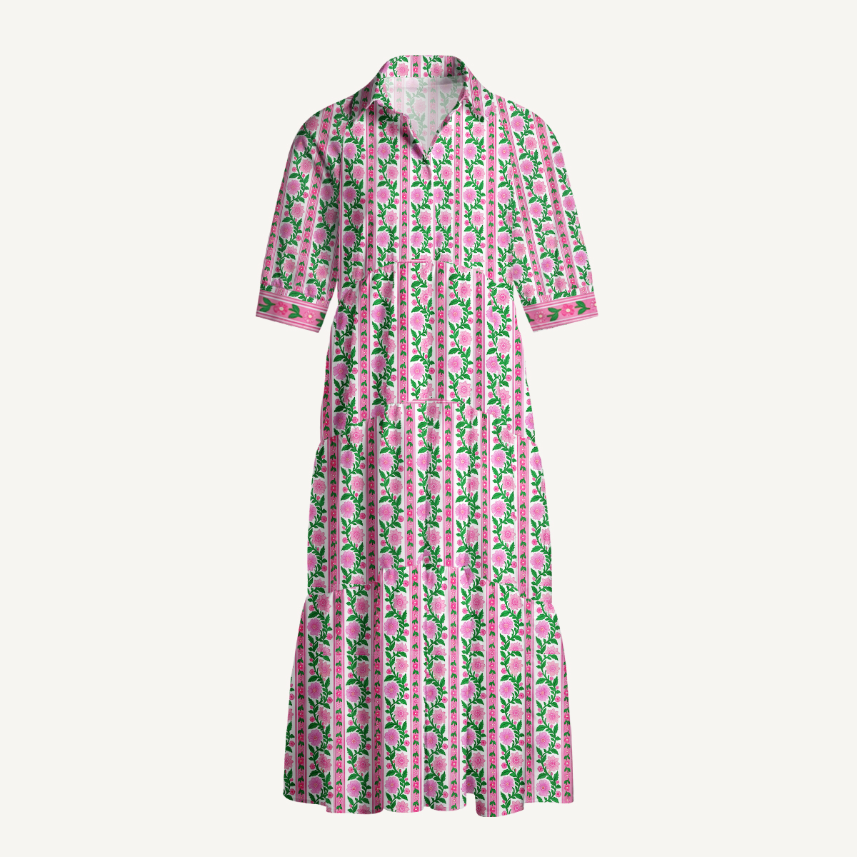 Pink Vine Floral Stripe Boho Elbow-Length Sleeve Midi Dress