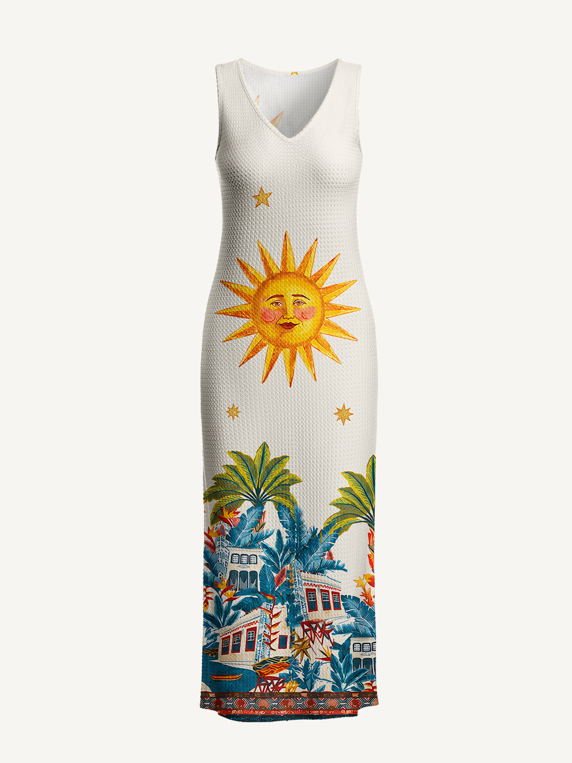 Retro Sun & Palm Printed Crochet Knit Midi Dress