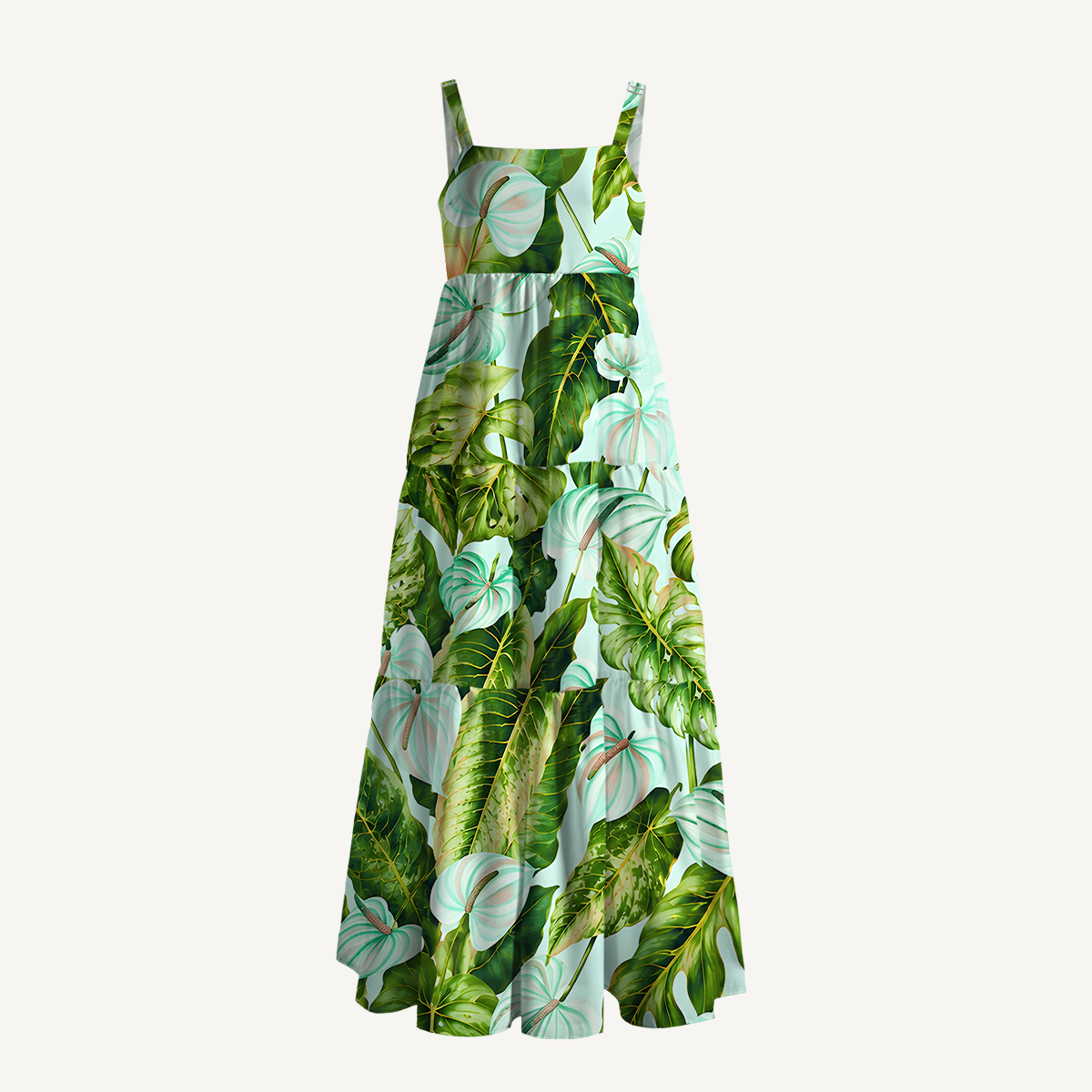 Tropical Rainforest Green Leaves Wide Straps Maxi Dress With Pockets