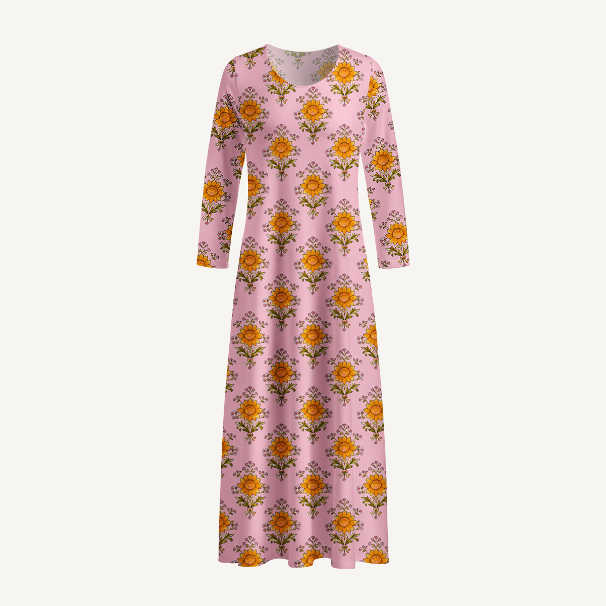 Pink Meadow Bloom Print Soft-Touch Stretch Knit Long Sleeve Maxi Dress with Pockets